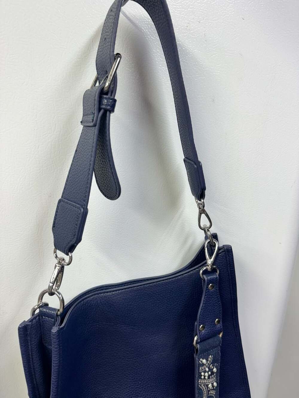 Blue Pebbled Leather Crossbody Bag with Studded/Pearl Embellished Strap - Picture 4 of 12